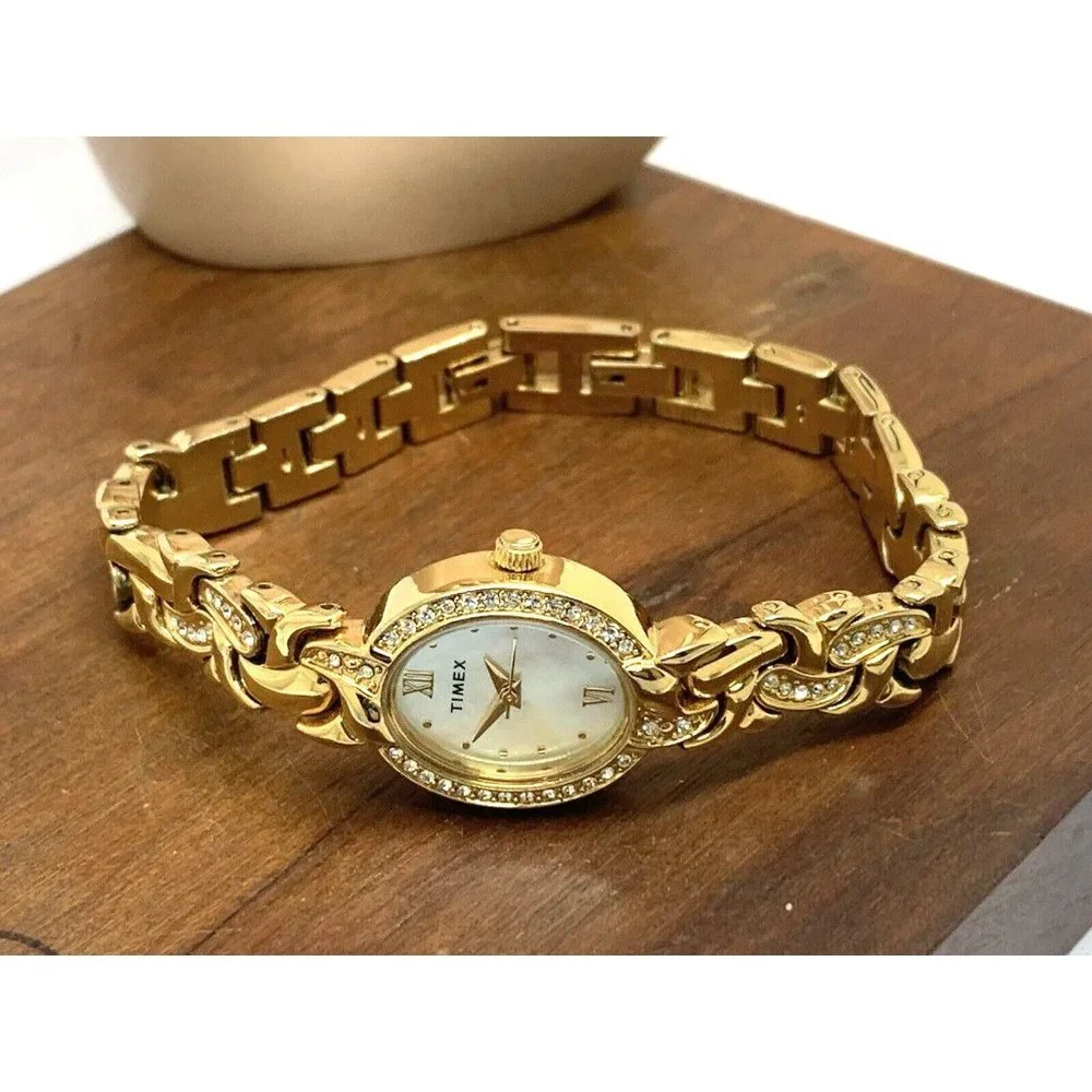 Timex Women's Watch TW2T49900 Oval Petite 19mm Quartz Mother of Pearl Gold Steel